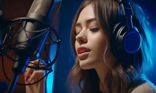 A young singer practising with a microphone
