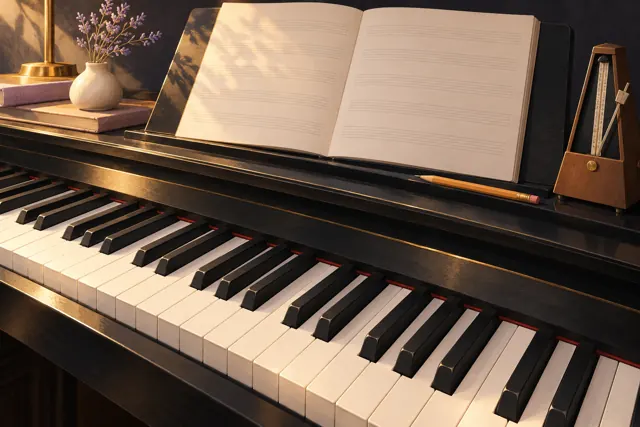 Illustration of piano keys, a blank practice notebook, a pencil and a metronome