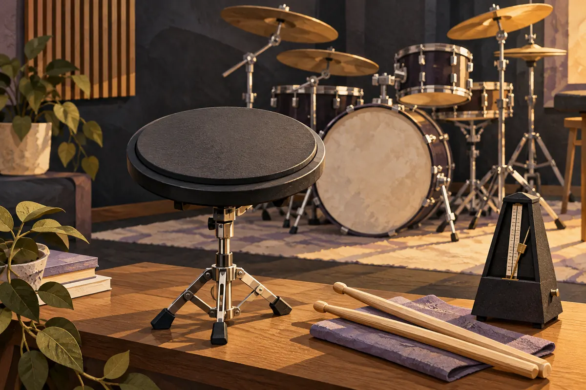 Illustration of a practice pad, drumsticks and metronome with a drum kit in the background