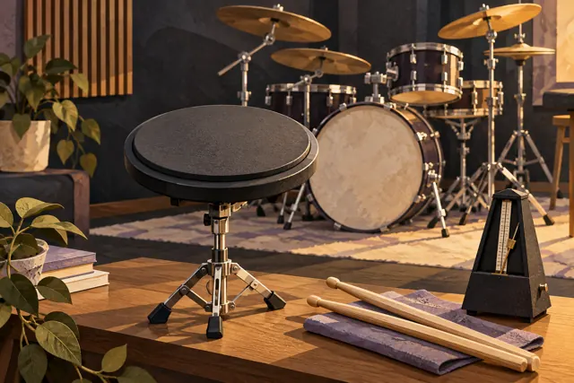 Illustration of a practice pad, drumsticks and metronome with a drum kit in the background