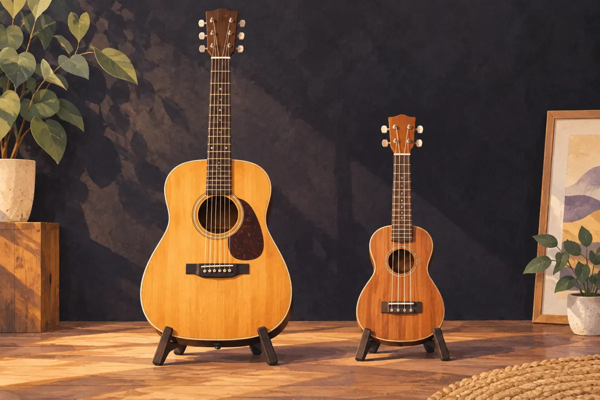 Illustration comparing a six-string acoustic guitar with a smaller four-string ukulele