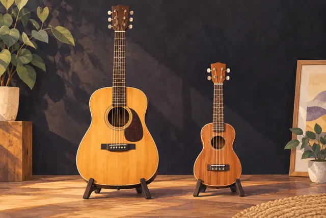 Illustration comparing a six-string acoustic guitar with a smaller four-string ukulele