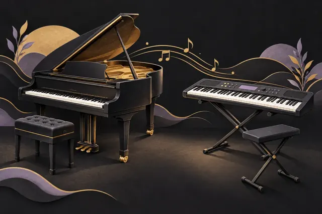 Illustration comparing a grand piano with a portable keyboard