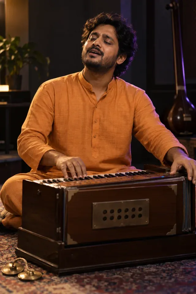 Illustration of devotional singing with harmonium accompaniment